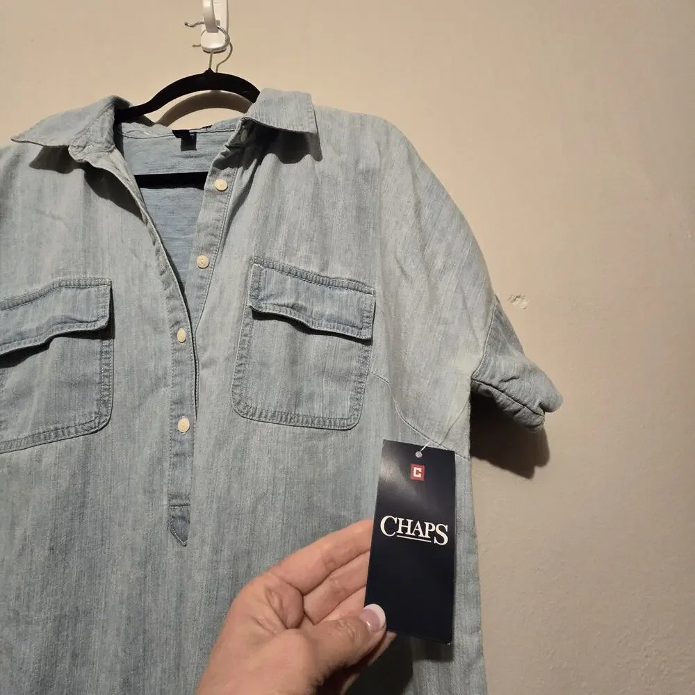 Chaps‎ NWT Chambray Shirt Dress Women's Plus 2X Blue Preppy Cottagecore Western
